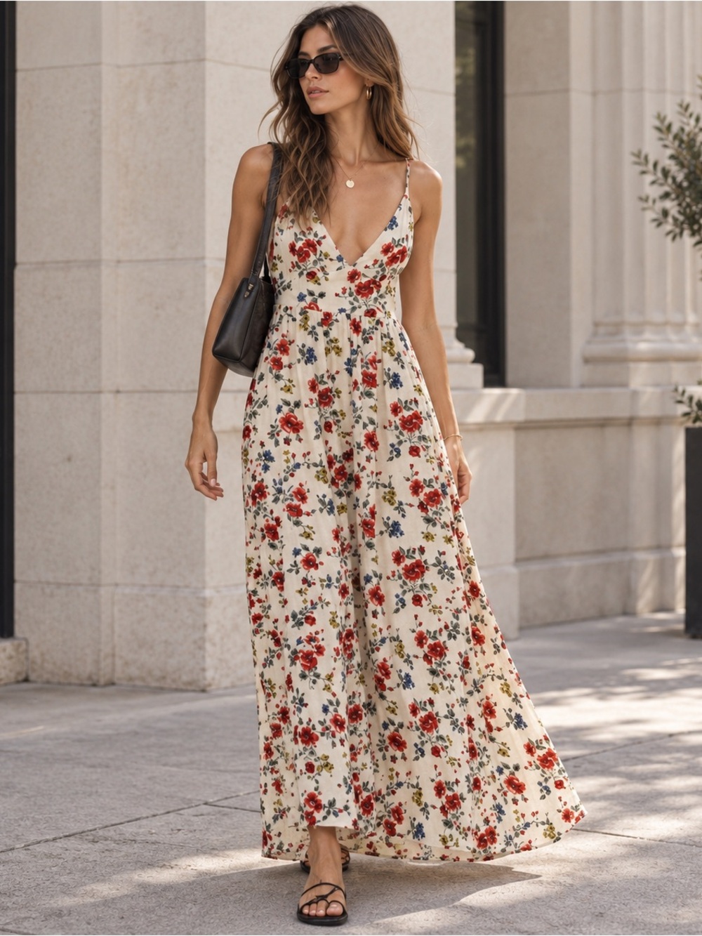 Caroline Constas Floral Bead Trim Linen Maxi Dress Cream NWT